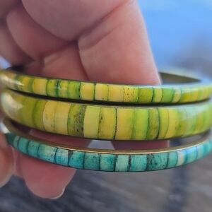 Green and Blue Enlaided Brass Bangle Set 3 Of Them 7.5 Circumference Estate Sale
